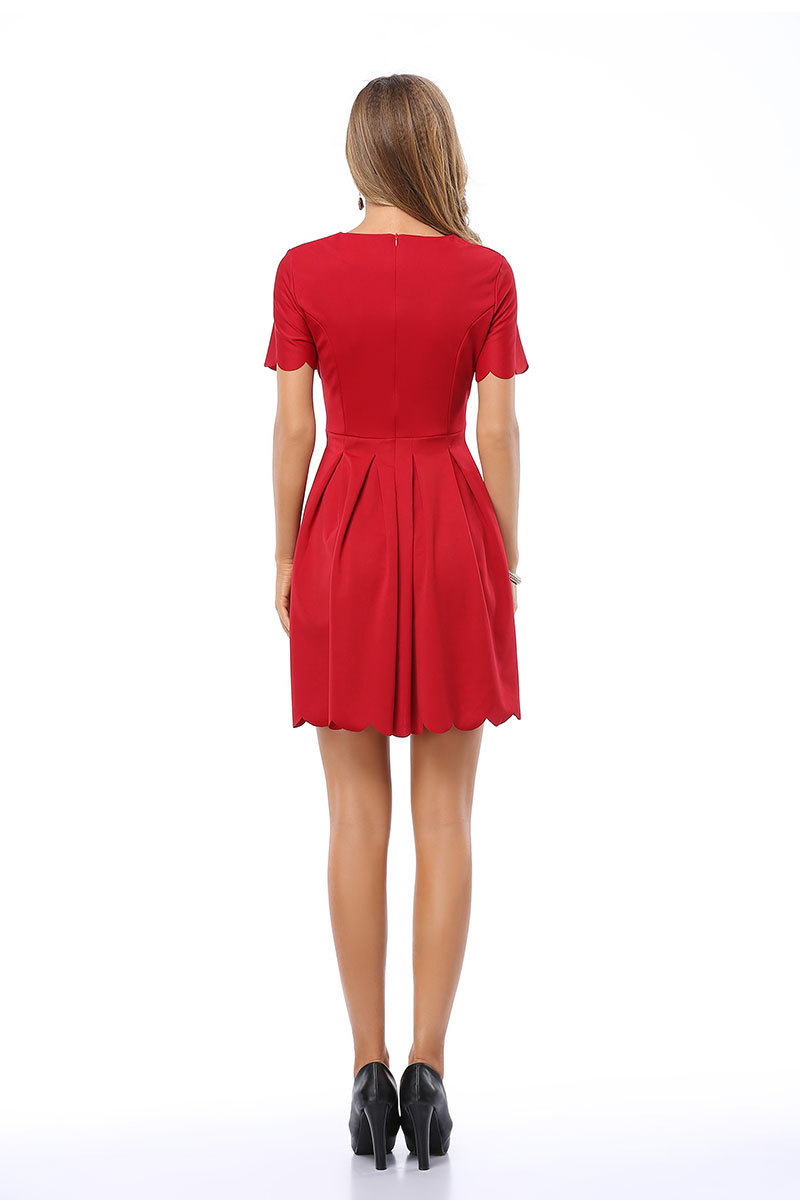 F2497-1 Red Scalloped Hem Zipper Closure Dress